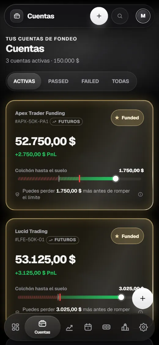Pantalla de cuentas en el móvil: Apex y Lucid en Funded con su balance y su margen